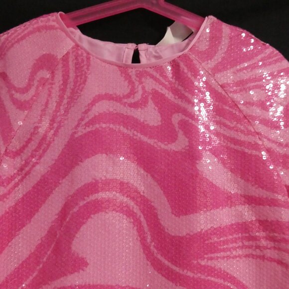 H&M | size 3T | Pink Marble Patterned Sequin Short Sleeve Dress | Button-Up Back - Picture 4 of 14
